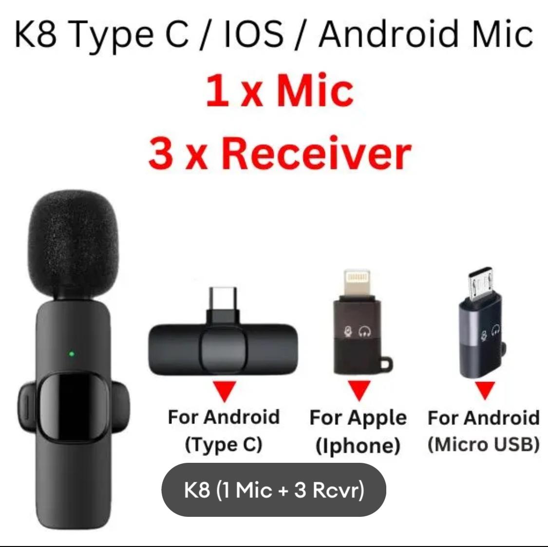 K8 Wireless Lavalier Microphone 3-in-1