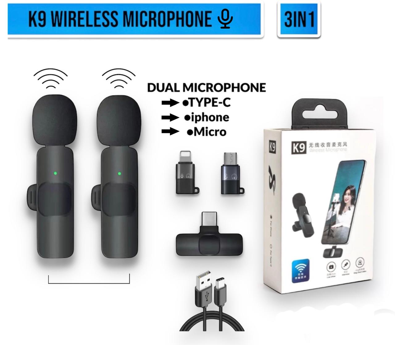 K9 3-in-1 Dual Wireless Lavalier Microphone